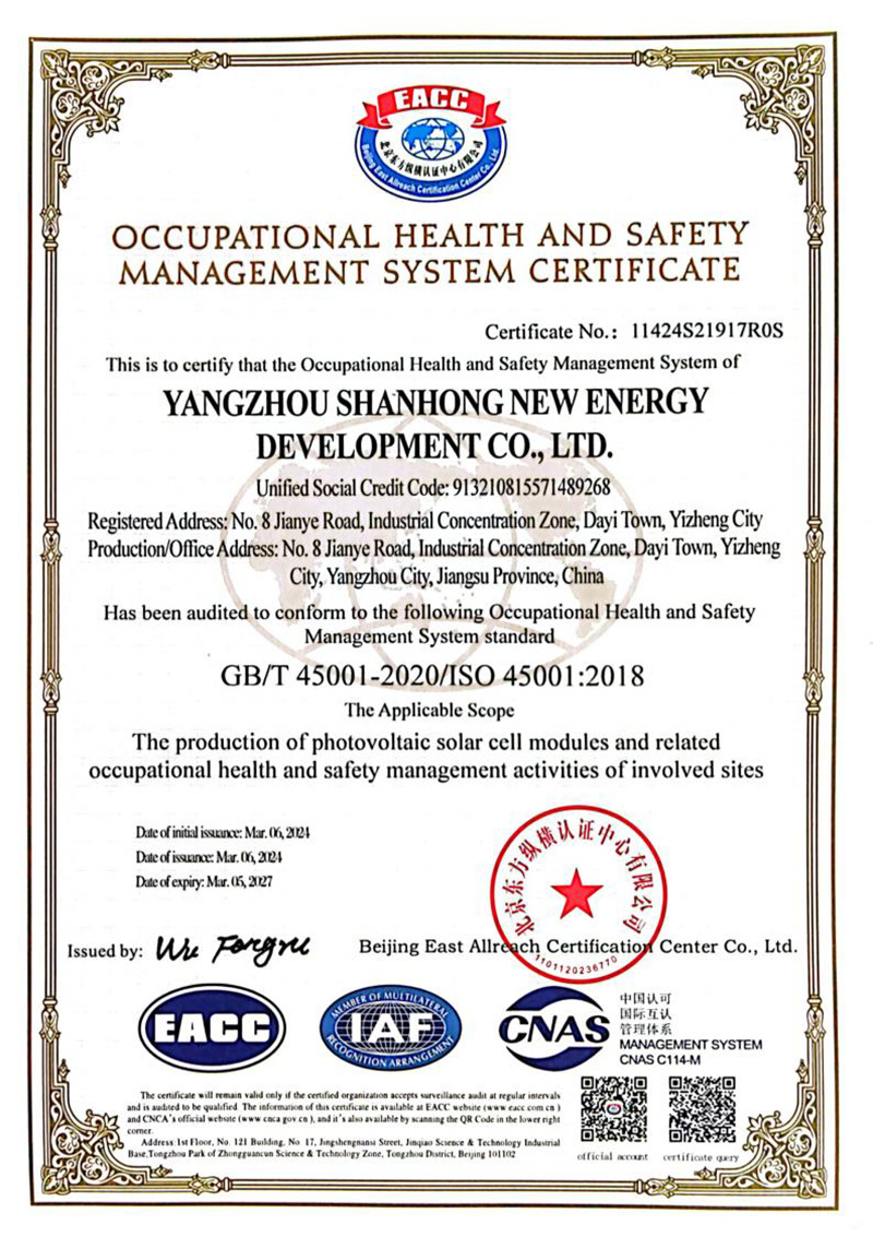 Occupational Health and Safety Management System Certificate (English)