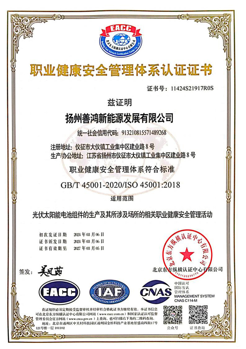 Occupational Health and Safety Management System Certificate (Chinese)