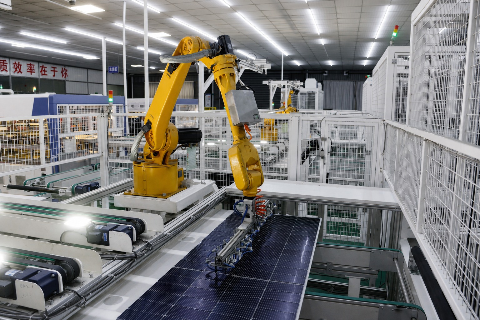 Industrial robot handling a photovoltaic module in the Sunhorn workshop